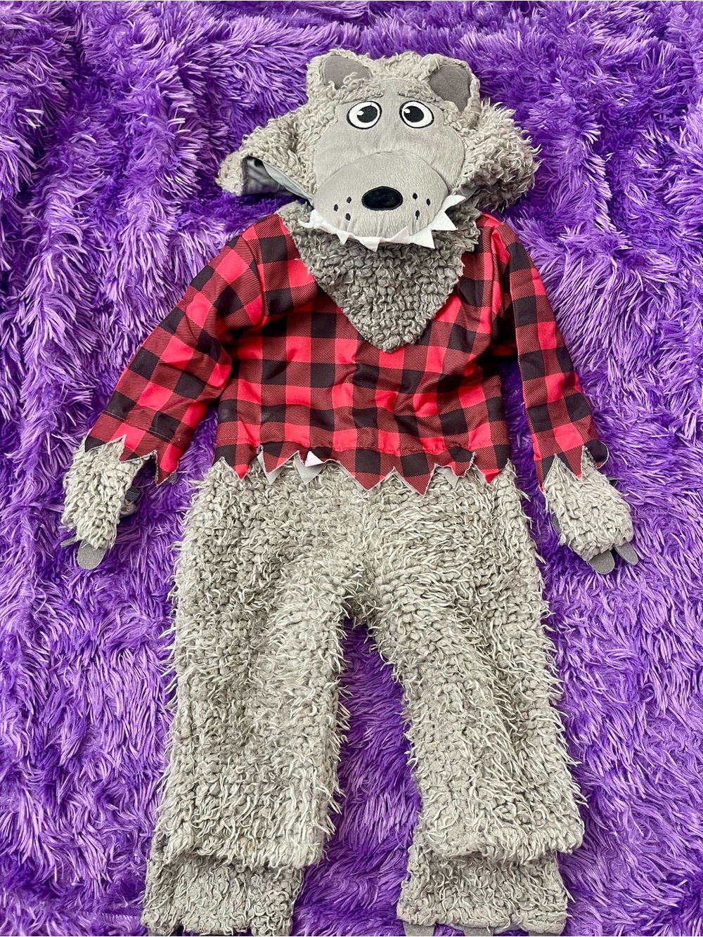 Fun World Kids Wolf Costume Suit Gray Red/Black Plaid Polyester 6-12 months